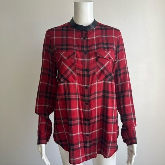Vince Leather Trim Plaid Long Sleeve Button Down Shirt - 4 - Picture 2 of 8